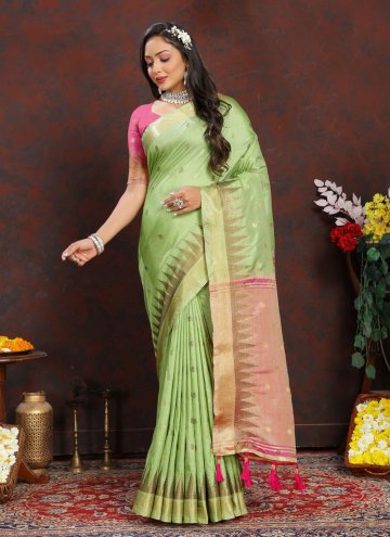 Green color Trendy Saree with Woven