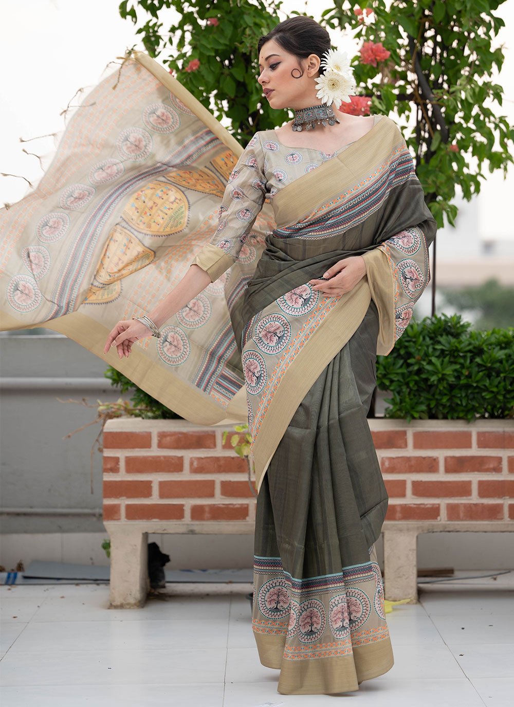 Green color Tussar Silk Classic Designer Saree with Woven