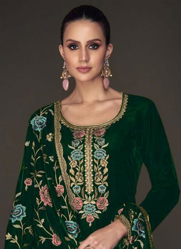 Green color Velvet Pakistani Suit with Embroidered