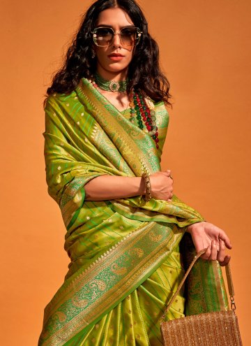 Green color Woven Handloom Silk Trendy Saree