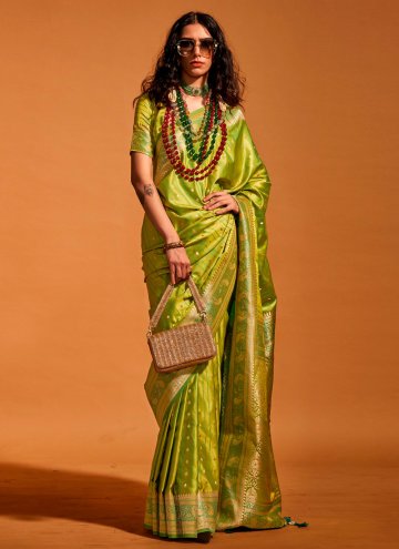 Green color Woven Handloom Silk Trendy Saree