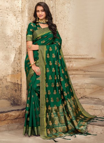 Green color Woven Raw Silk Contemporary Saree