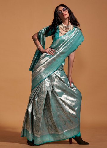 Green Contemporary Saree in Kanjivaram Silk with Woven