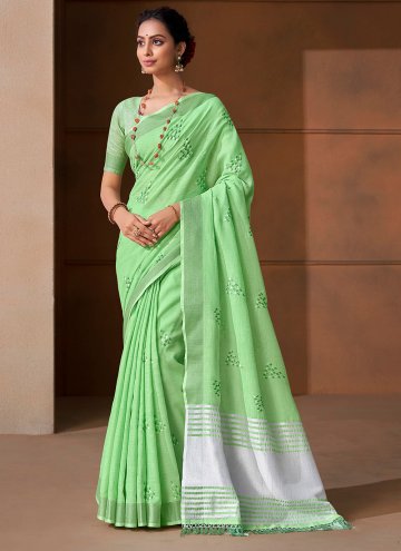 Green Contemporary Saree in Linen with Embroidered