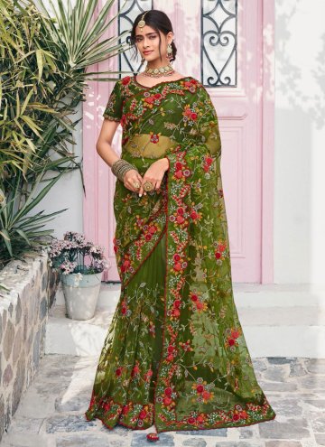 Green Contemporary Saree in Net with Embroidered