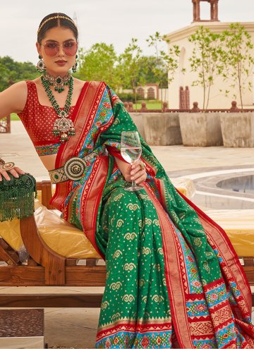 Green Contemporary Saree in Patola Silk with Patola Print