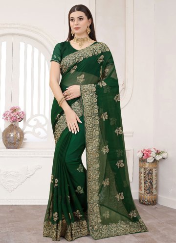 Green Contemporary Saree in Silk with Embroidered