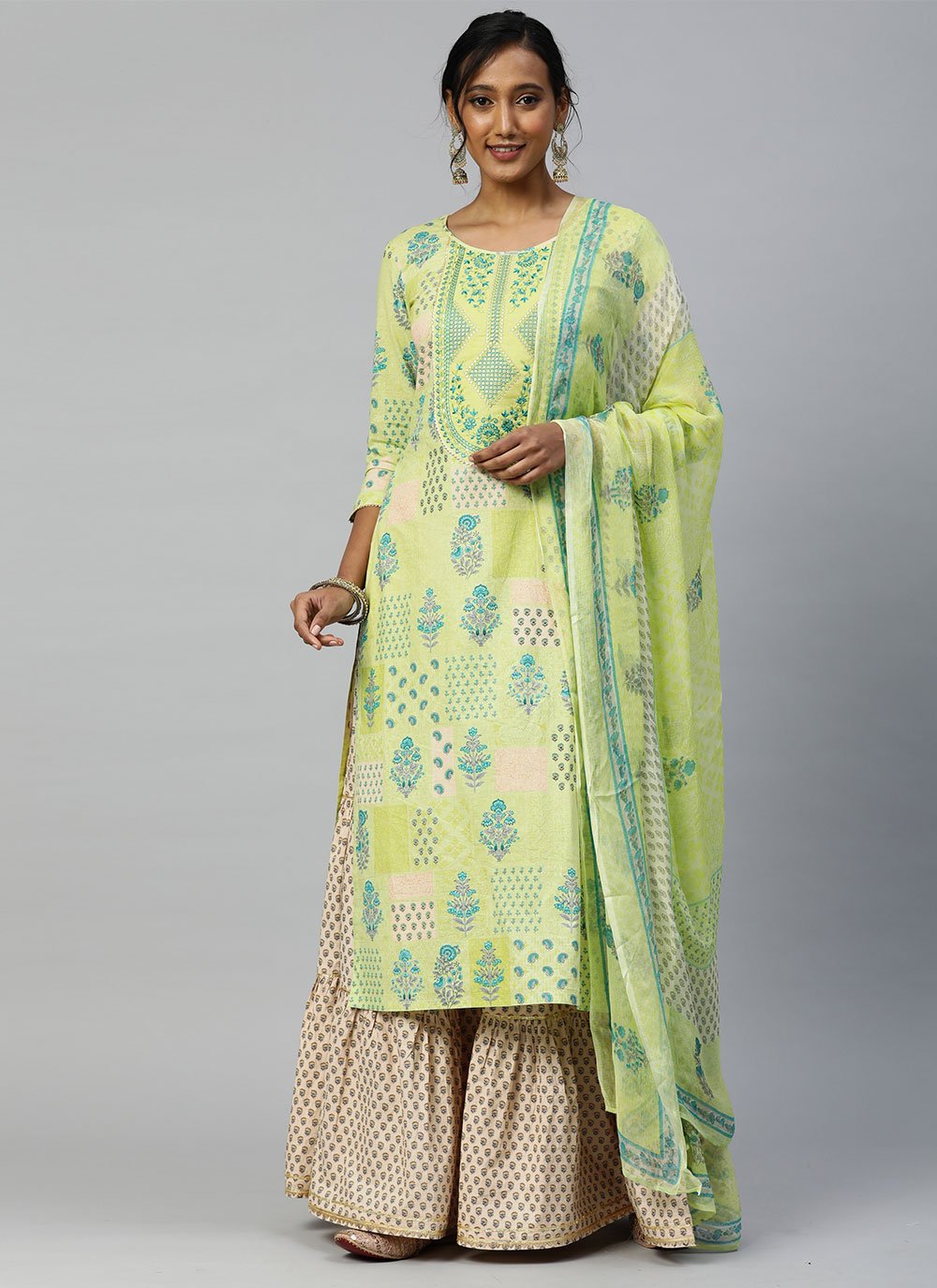 Green Cotton  Embroidered Palazzo Suit for Casual