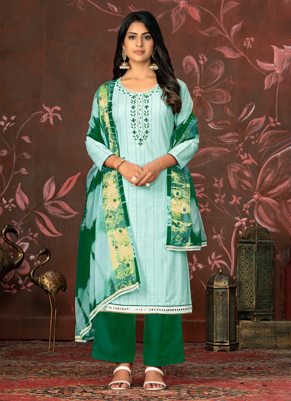 Green Cotton  Hand Work Salwar Suit