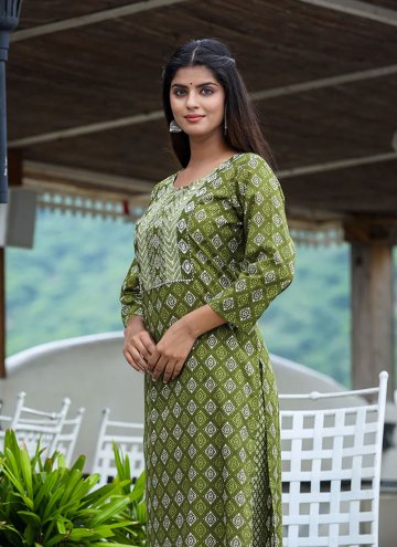 Green Cotton  Printed Casual Kurti for Ceremonial