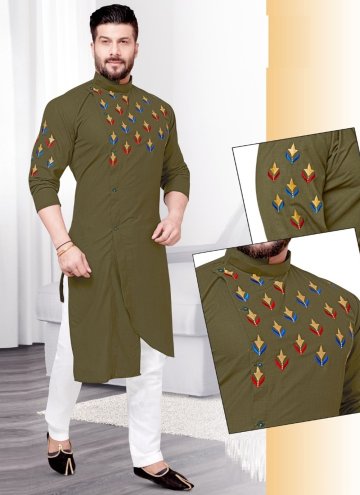 Green Cotton  Resham Work Kurta Pyjama for Engagement