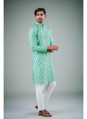 Green Cotton Satin Printed Kurta Pyjama
