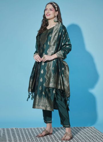 Green Cotton Silk Jacquard Work Salwar Suit for Ceremonial