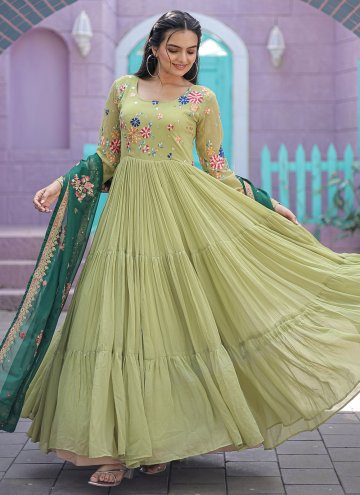 Green Designer Gown in Faux Georgette with Embroidered