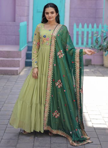 Green Designer Gown in Faux Georgette with Embroid