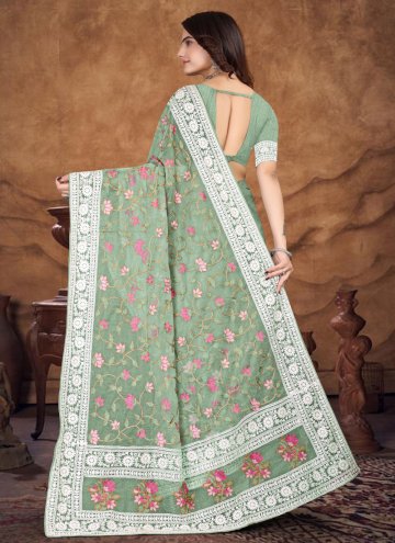 Green Designer Saree in Organza with Embroidered