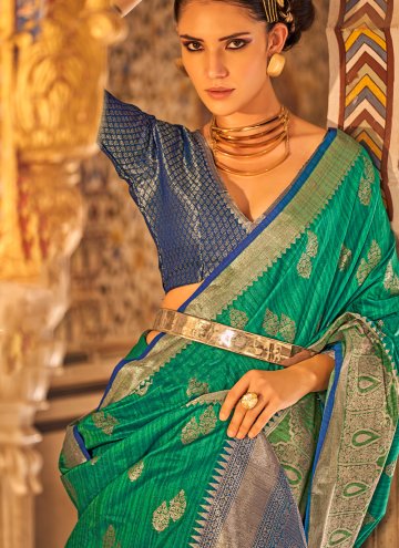 Green Designer Saree in Tussar Silk with Woven