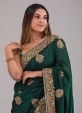 Green Designer Saree in Vichitra Silk with Thread Work - 1