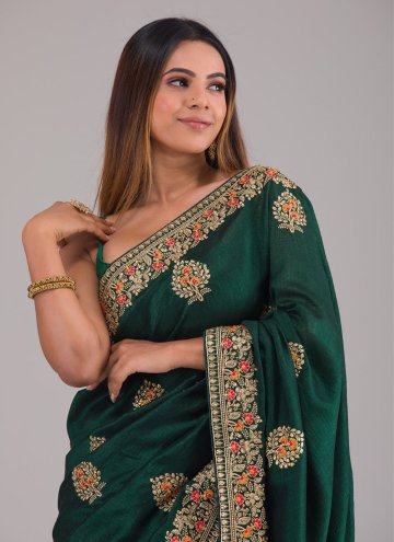 Green Designer Saree in Vichitra Silk with Thread Work