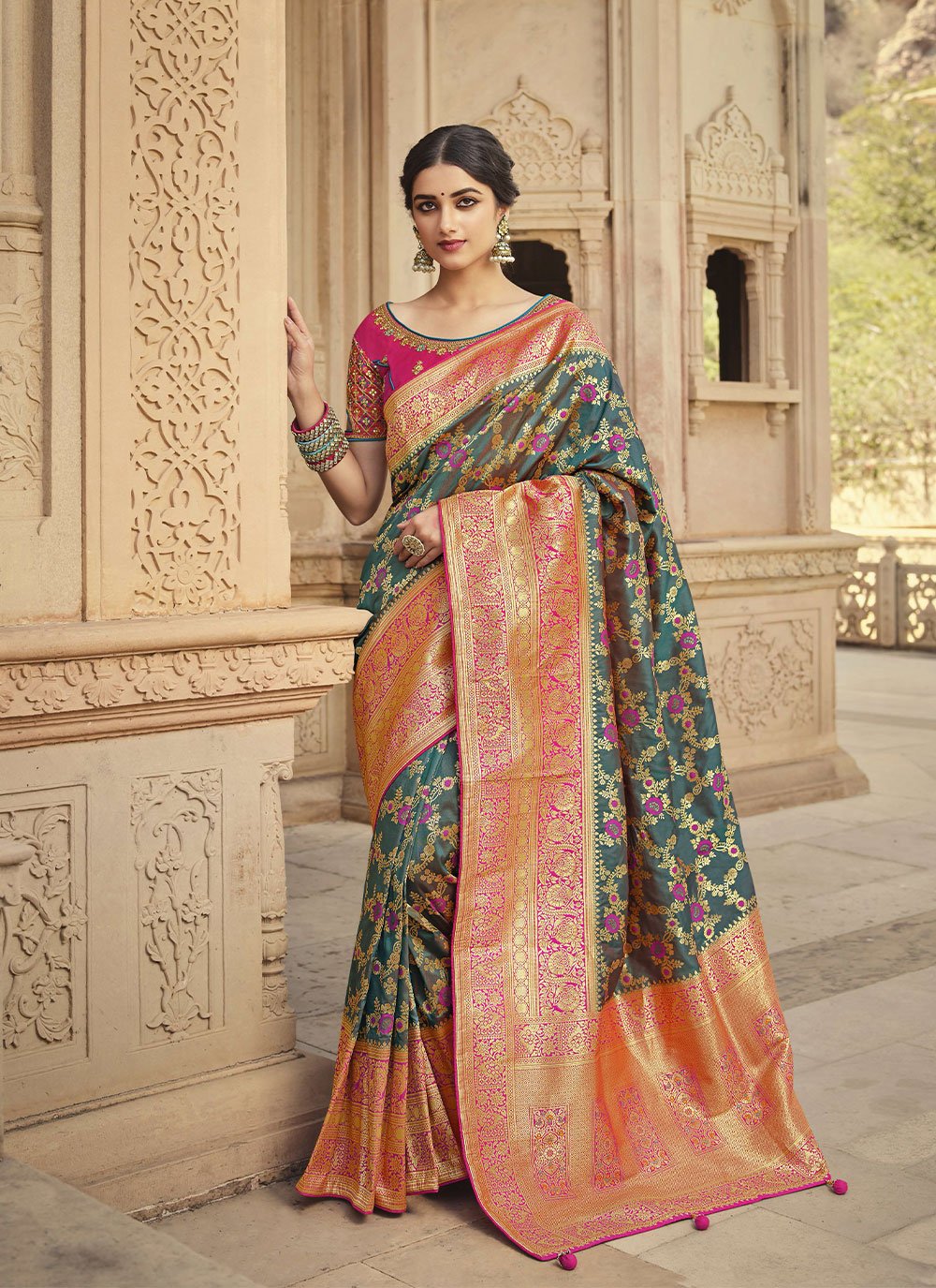 Green Designer Traditional Saree in Silk with Woven