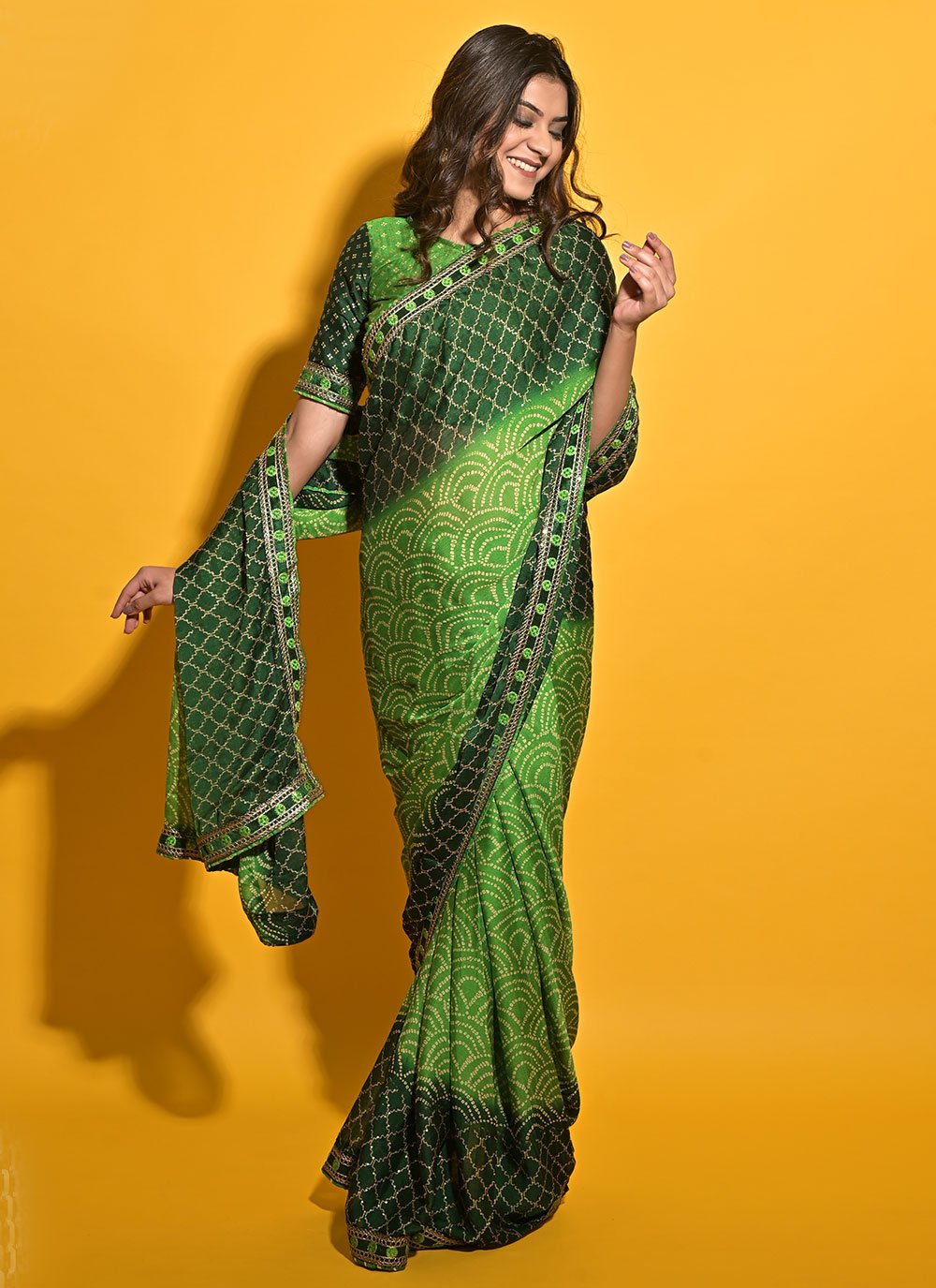 Green Faux Chiffon Bandhej Print Traditional Saree