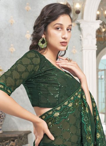 Green Faux Georgette Embroidered Classic Designer Saree for Ceremonial