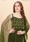 Green Faux Georgette Embroidered Layered Designer Gown for Wedding - 2