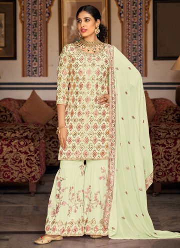 Green Faux Georgette Embroidered Palazzo Suit for Ceremonial