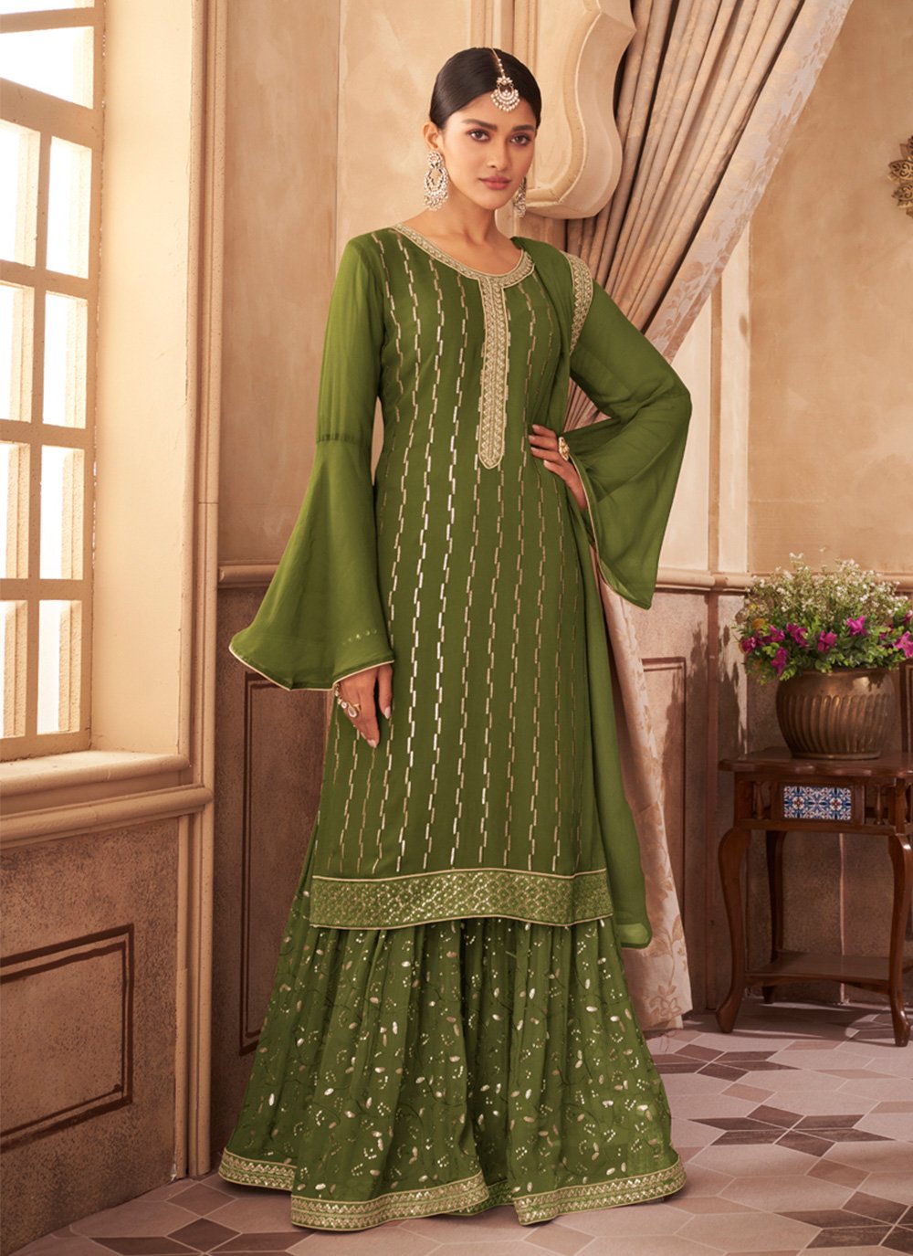 Green Faux Georgette Embroidered Salwar Suit