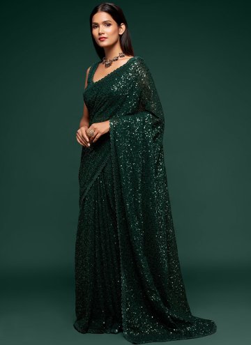 Green Faux Georgette Sequins Work Classic Designer Saree for Festival