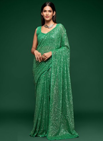 Green Faux Georgette Sequins Work Classic Designer Saree for Festival