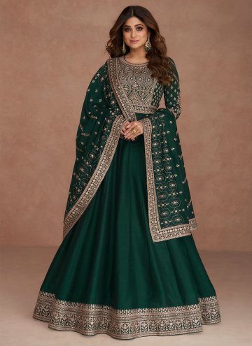 Green Floor Length Gown in Silk with Embroidered