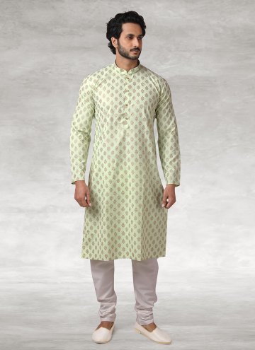 Green Handloom Cotton Printed Kurta Pyjama for Eng