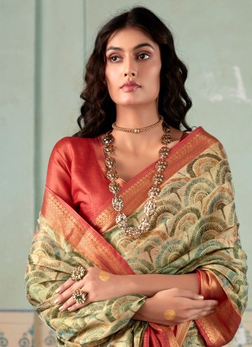 Green Handloom Silk Floral Print Designer Saree for Casual