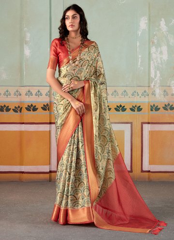 Green Handloom Silk Floral Print Designer Saree fo