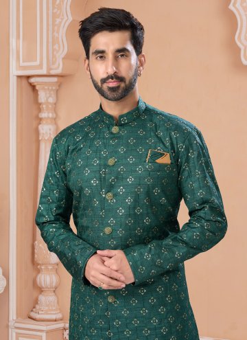 Green Indo Western Sherwani in Silk with Machine Embroidery