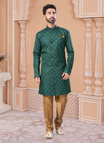 Green Indo Western Sherwani in Silk with Machine E