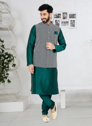 Green Kurta Payjama With Jacket in Banarasi with Fancy work