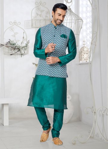 Green Kurta Payjama With Jacket in Banarasi with Fancy work