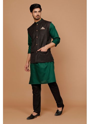 Green Kurta Payjama With Jacket in Cotton  with Plain Work