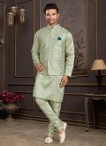 Green Kurta Payjama With Jacket in Silk with Mirror Work - 1