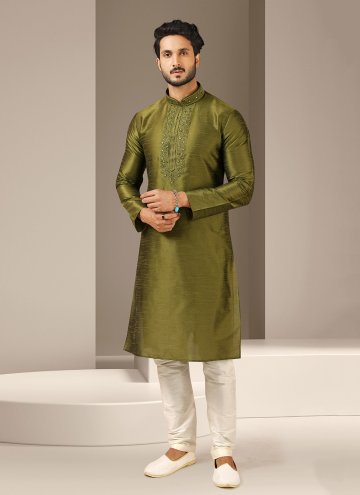 Green Kurta Pyjama in Art Banarasi Silk with Embro