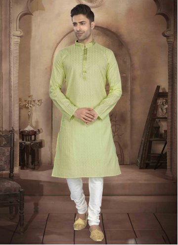 Green Kurta Pyjama in Cotton  with Printed