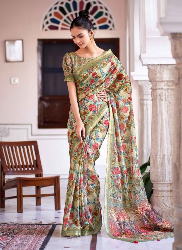 Green Linen Digital Print Classic Designer Saree for Ceremonial