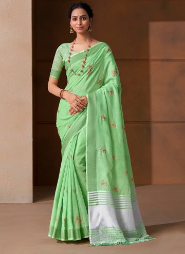 Green Linen Embroidered Contemporary Saree for Ceremonial