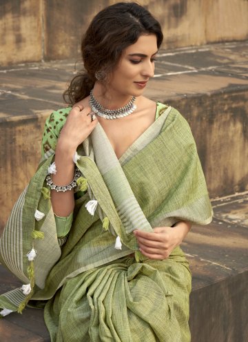 Green Linen Print Classic Designer Saree for Festival