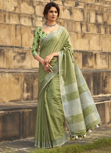 Green Linen Print Classic Designer Saree for Festi