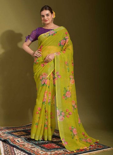 Green Linen Printed Classic Designer Saree for Festival