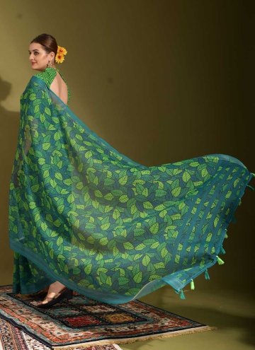 Green Linen Printed Contemporary Saree for Festival