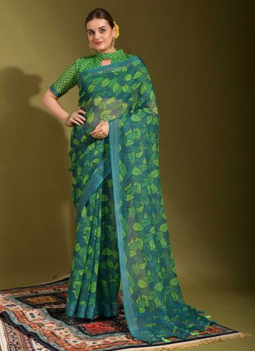 Green Linen Printed Contemporary Saree for Festiva